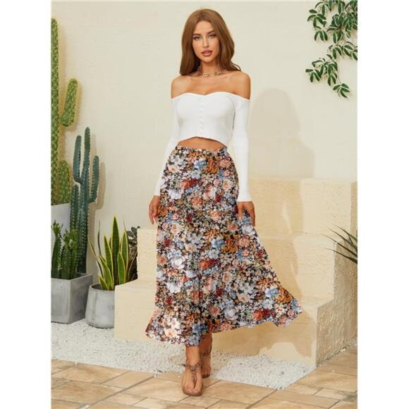 Women's Chiffon Elastic High Waist Maxi Skirts Coffee Floral - Picture 2 of 6